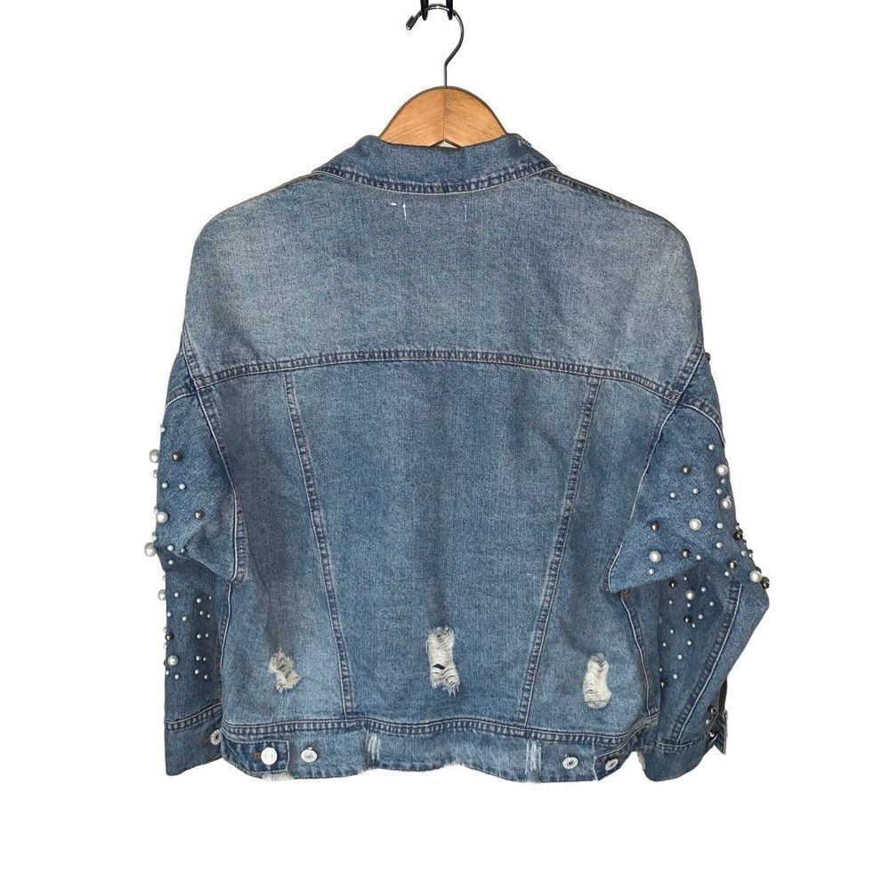 Elan Distressed Blue Denim Jacket with Pearl Embellishments - Picture 7 of 14